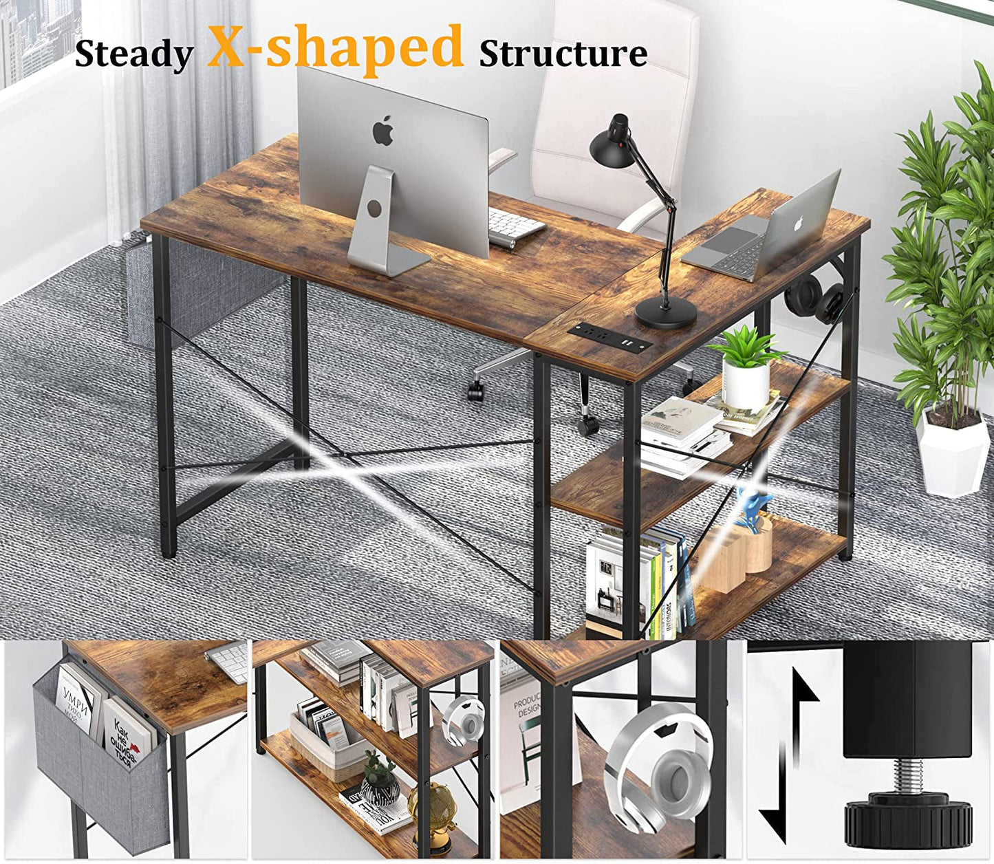Rustic L-Shaped Desk with Outlets & USB Ports-3