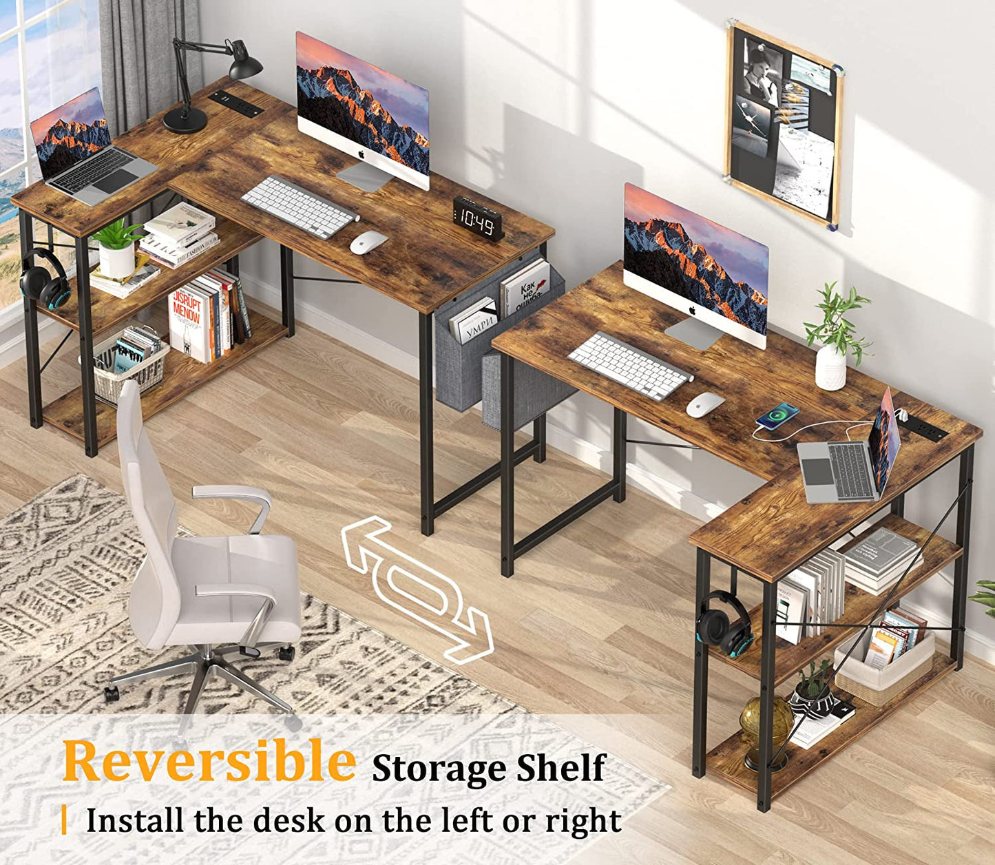 Rustic L-Shaped Desk with Outlets & USB Ports-2