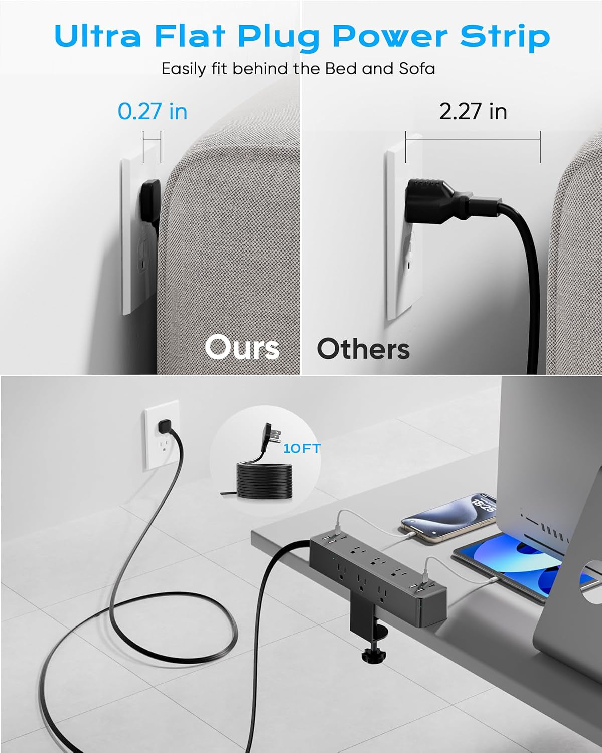 17-In-1 Desk Clamp Power Strip with 40W Fast Charging Station,  10Ft Flat Plug 1200J Surge Protector, 9 AC Outlets 8 USB Ports(4 USB C), Desk Outlet for Home Office, Fit 1.7" Tabletop Edge-3