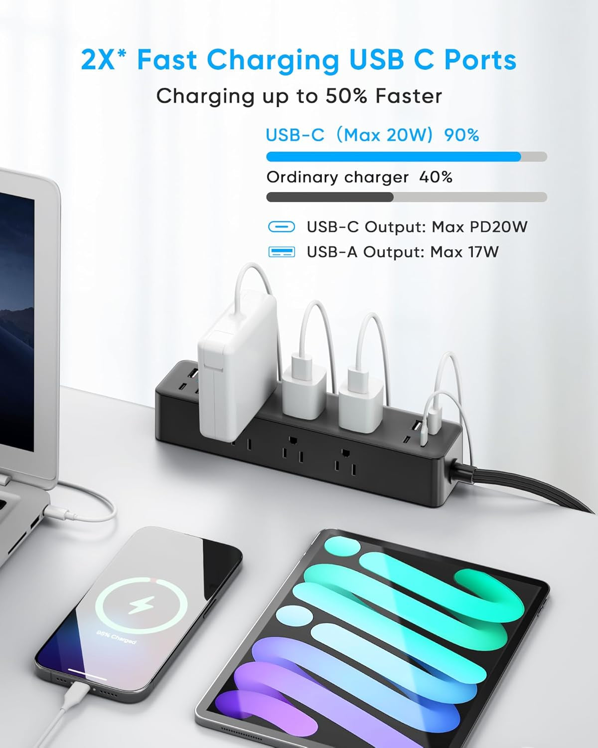 17-In-1 Desk Clamp Power Strip with 40W Fast Charging Station,  10Ft Flat Plug 1200J Surge Protector, 9 AC Outlets 8 USB Ports(4 USB C), Desk Outlet for Home Office, Fit 1.7" Tabletop Edge-2