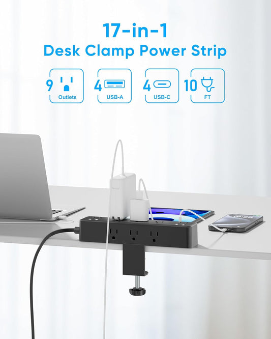 17-In-1 Desk Clamp Power Strip with 40W Fast Charging Station,  10Ft Flat Plug 1200J Surge Protector, 9 AC Outlets 8 USB Ports(4 USB C), Desk Outlet for Home Office, Fit 1.7" Tabletop Edge-1