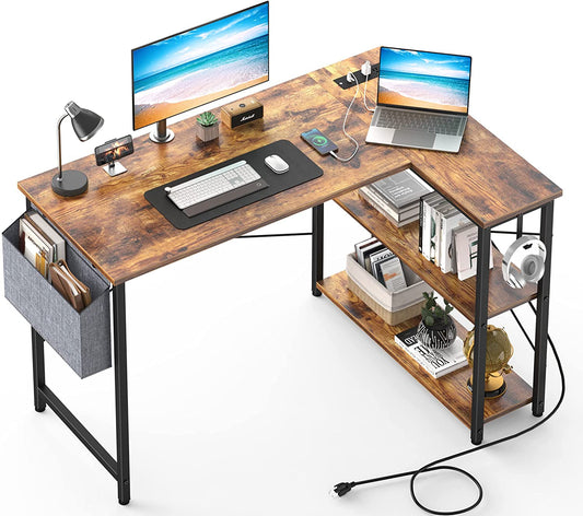 Rustic L-Shaped Desk with Outlets & USB Ports-0